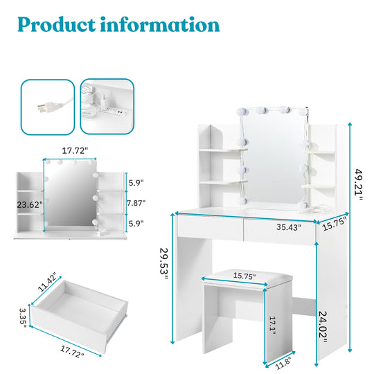 Slan Modern White Vanity Set with 7 Colors LED Mirror & Stool