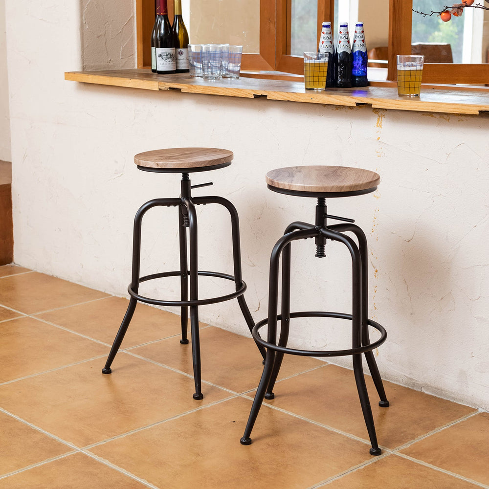 Anacletus Adjustable Metal Bar Stools With Wooden Seat-HOMY CASA