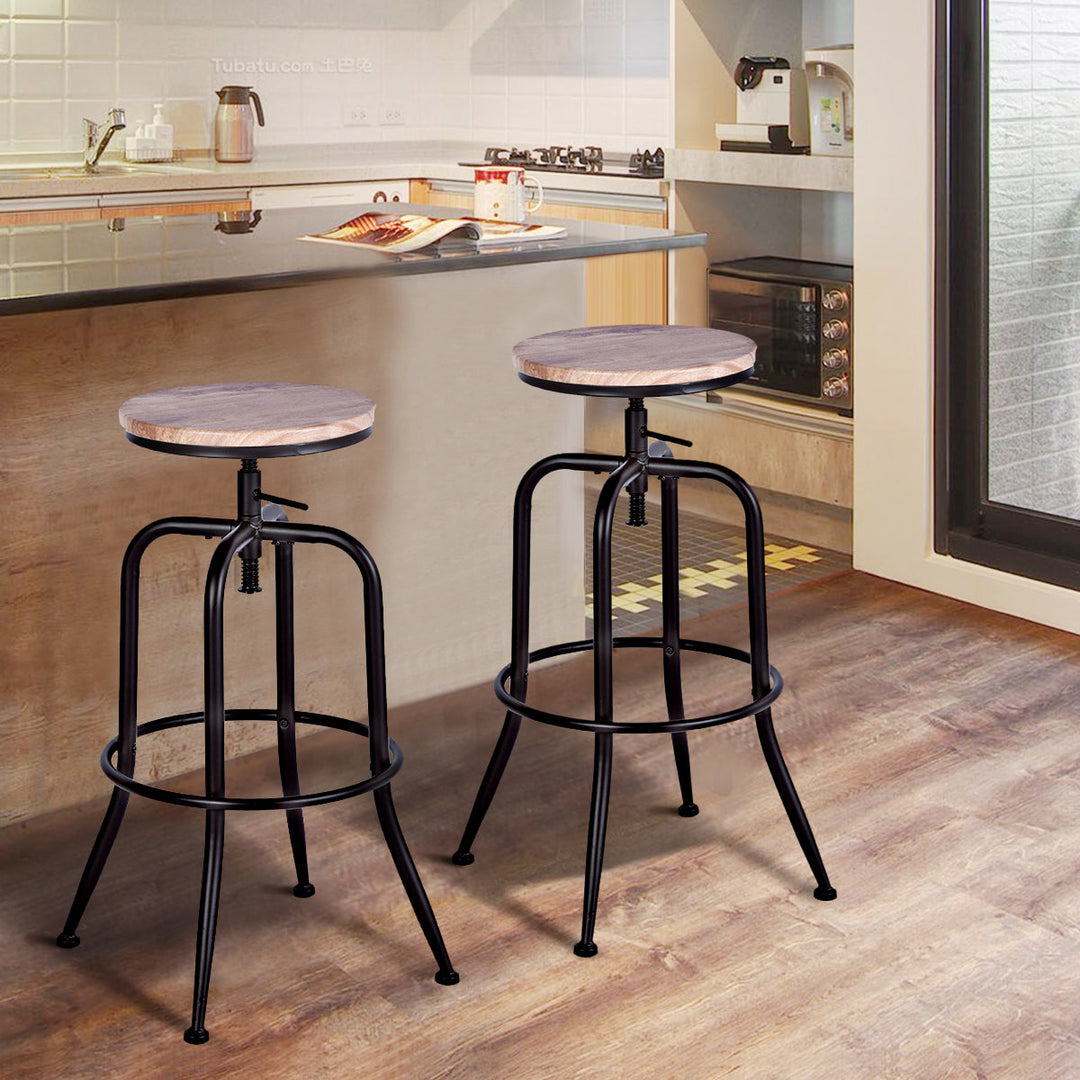 Anacletus Adjustable Metal Bar Stools With Wooden Seat-HOMY CASA