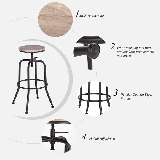 Anacletus Adjustable Metal Bar Stools With Wooden Seat-HOMY CASA