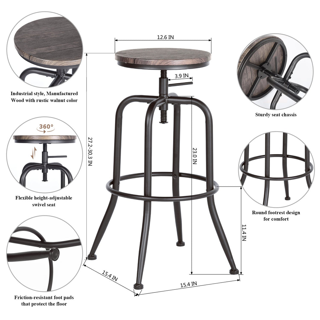 Anacletus Adjustable Metal Bar Stools With Wooden Seat-HOMY CASA