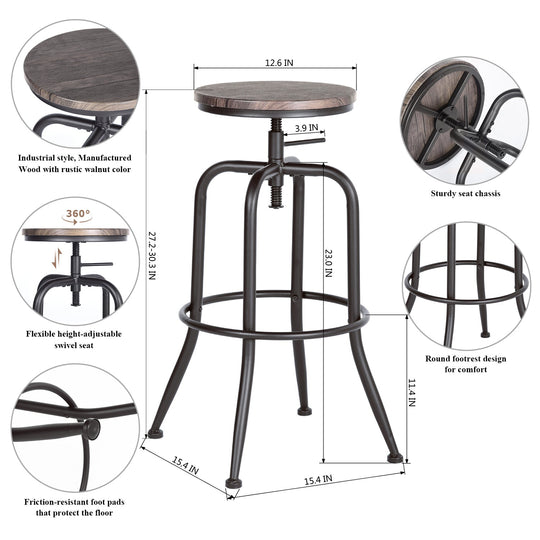 Anacletus Adjustable Metal Bar Stools With Wooden Seat-HOMY CASA