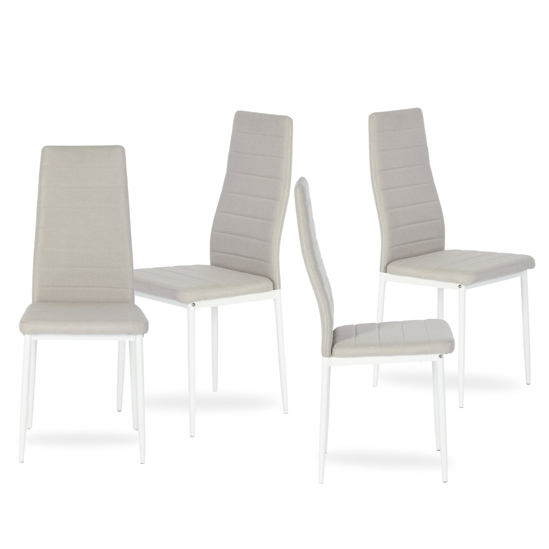set of four beige fabric dining chairs with metal legs-modern and comfortable seating for dining or home use