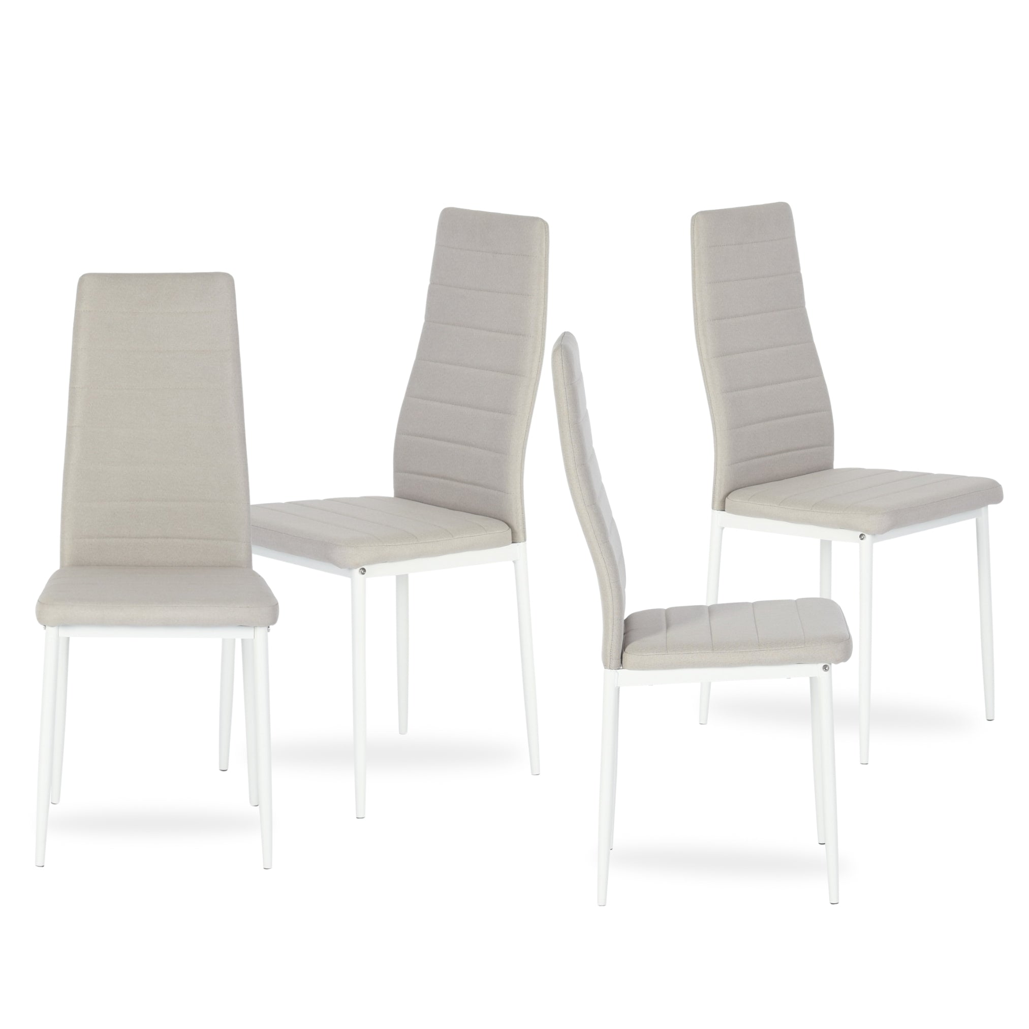 set of four beige fabric dining chairs with metal legs-modern and comfortable seating for dining or home use
