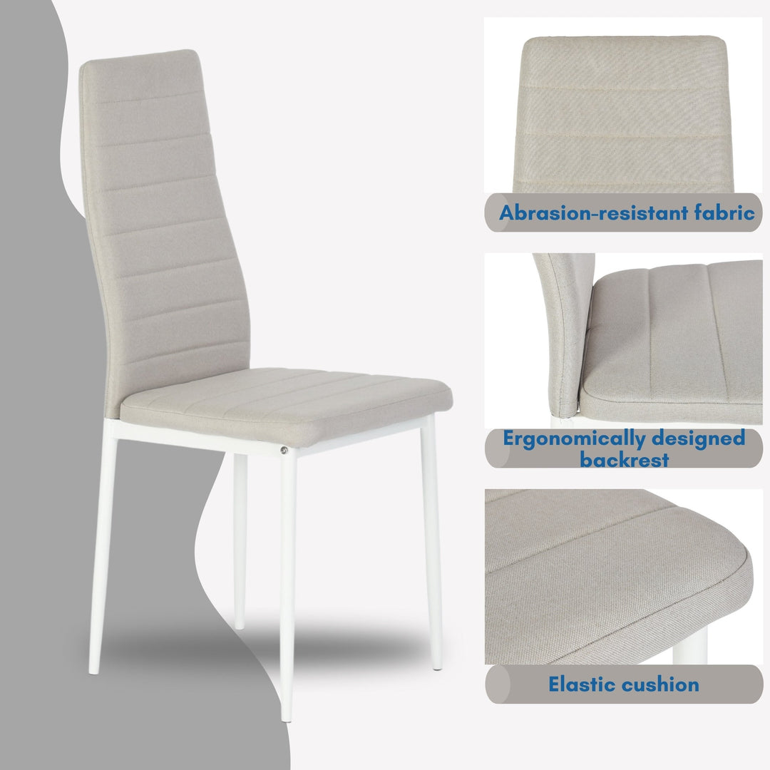 set of four beige fabric dining chairs with metal legs-modern and comfortable seating for dining or home use