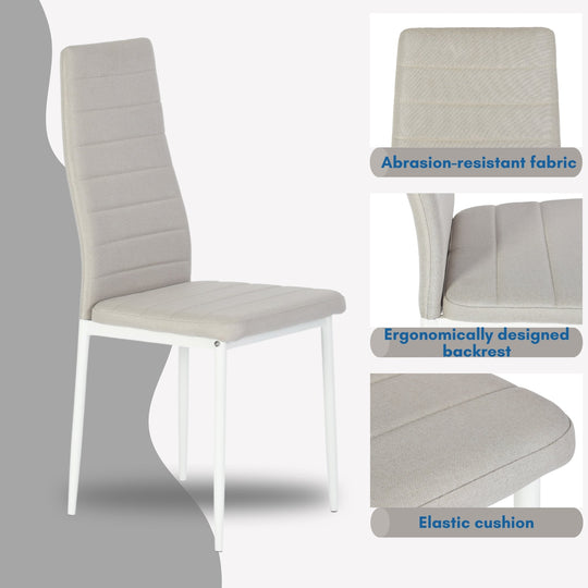 set of four beige fabric dining chairs with metal legs-modern and comfortable seating for dining or home use