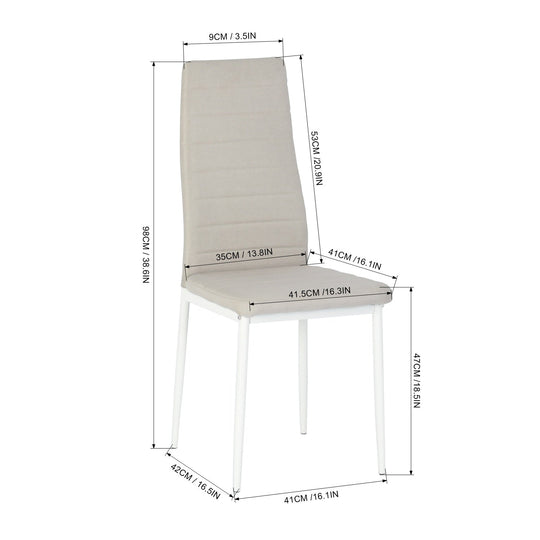 set of four beige fabric dining chairs with metal legs-modern and comfortable seating for dining or home use