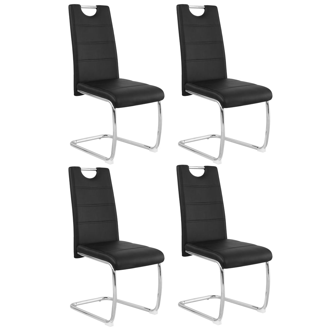 set of four black pvc dining chairs with curved backrest and handle-modern design with sturdy metal legs for dining or office use