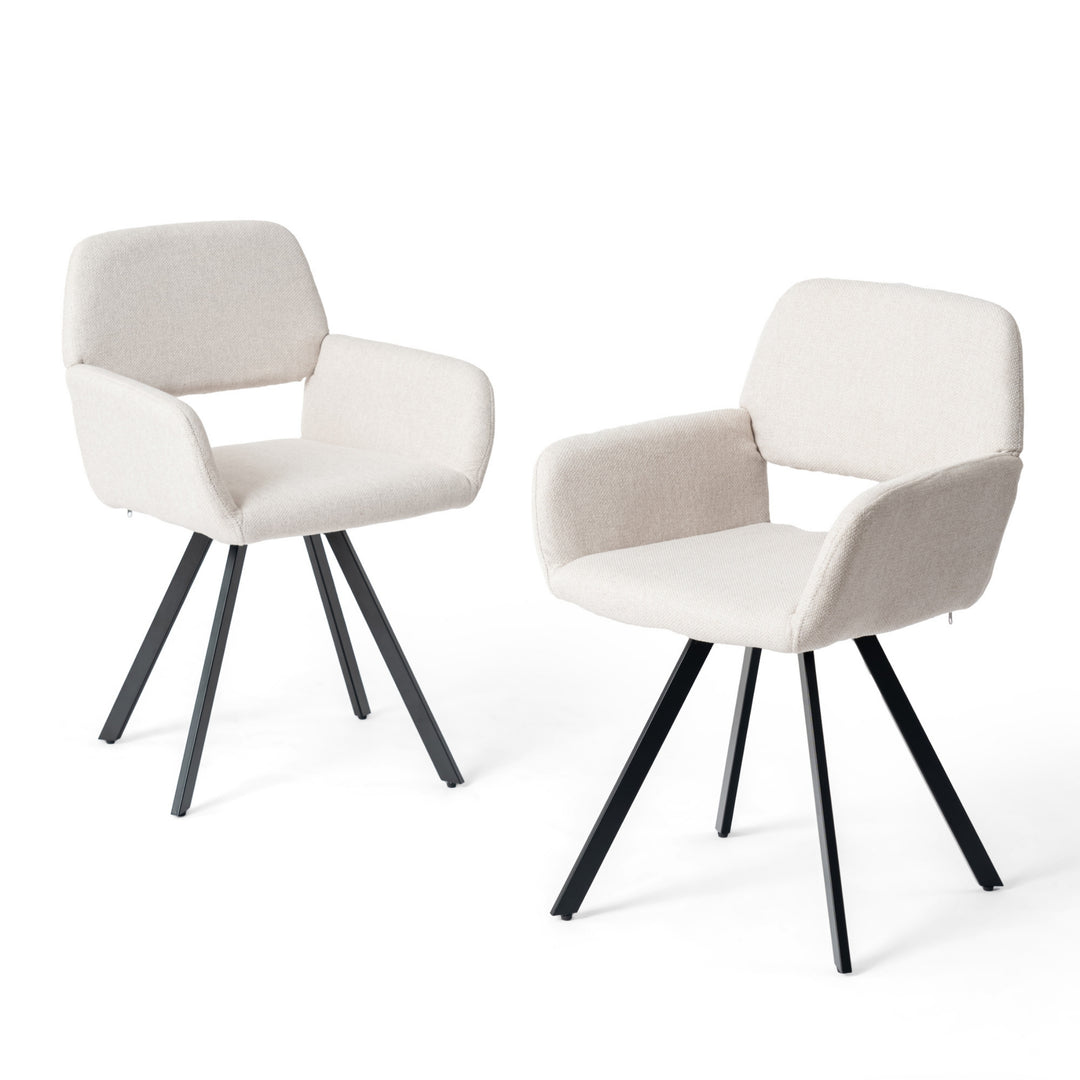california swivel dining chair - beige fabric upholstery with armrest - black metal base modern style