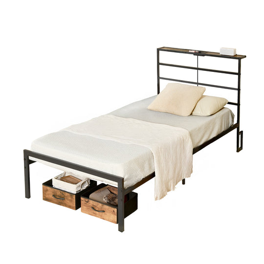 bed frame with crimson MDF headboard - open narrow shelf on headboard - usb charging outlet - easy assembly - modern design for bedroom