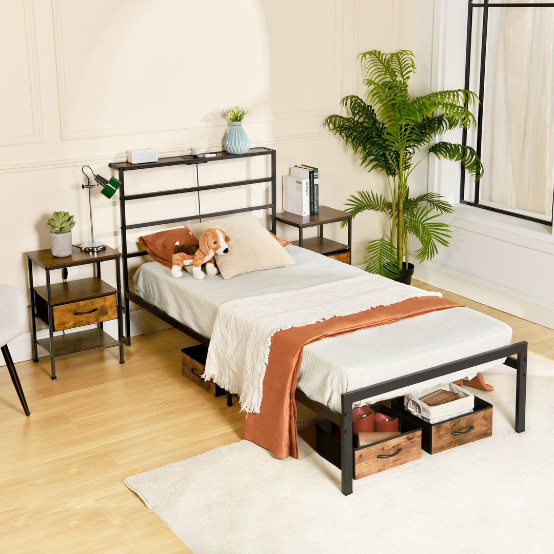 bed frame with crimson MDF headboard - open narrow shelf on headboard - usb charging outlet - easy assembly - modern design for bedroom