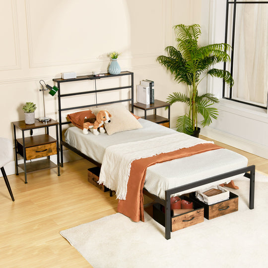 bed frame with crimson MDF headboard - open narrow shelf on headboard - usb charging outlet - easy assembly - modern design for bedroom