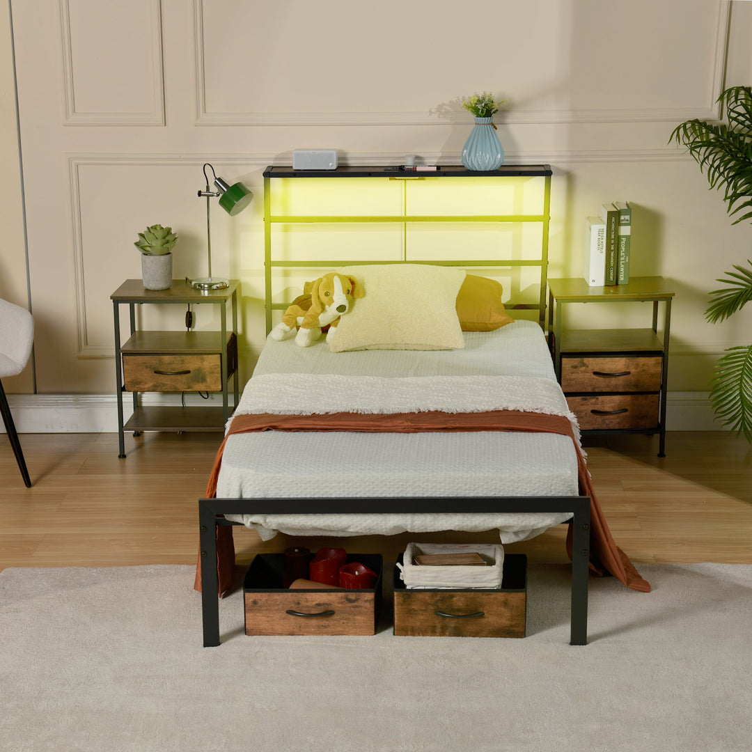 bed frame with crimson MDF headboard - open narrow shelf on headboard - usb charging outlet - easy assembly - modern design for bedroom