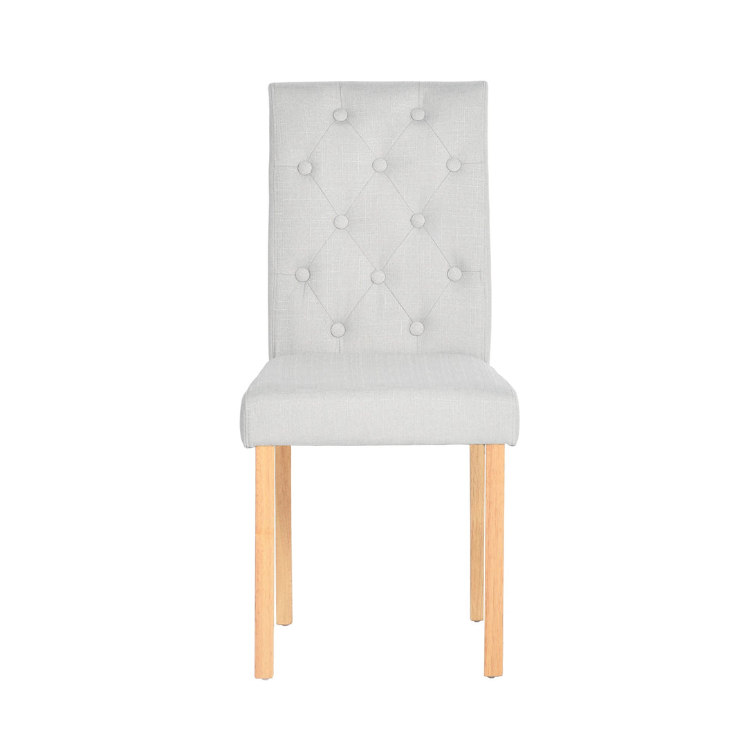 Beige fabric dining chair with wooden legs, featuring button-tufted backrest, set of 4.