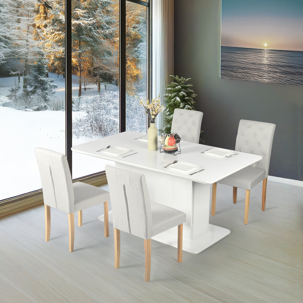 Beige fabric dining chair with wooden legs, featuring button-tufted backrest, set of 4.