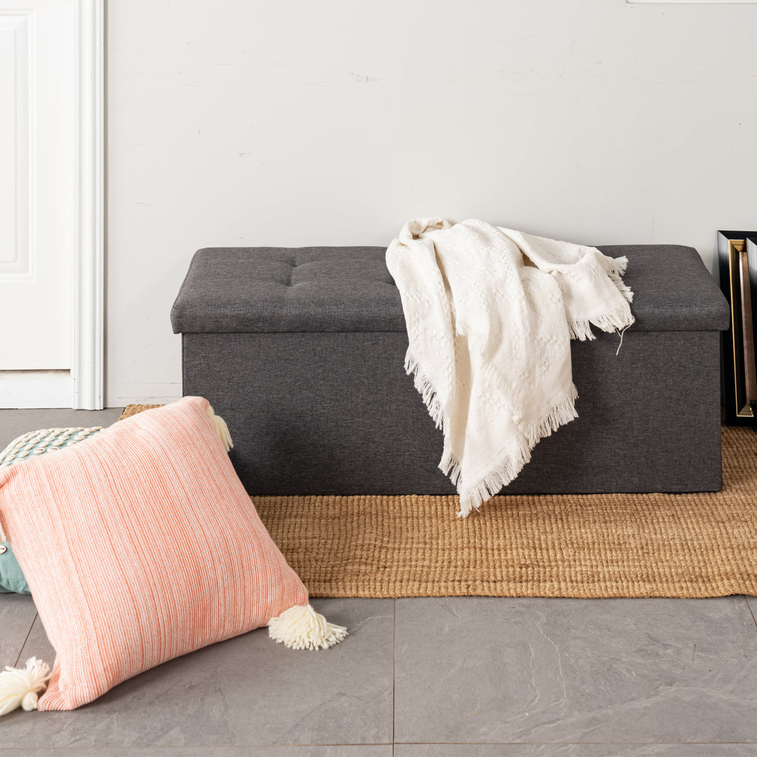 folding bench with storage function-space-saving design-versatile seating for any room at home-grey fabric upholstery