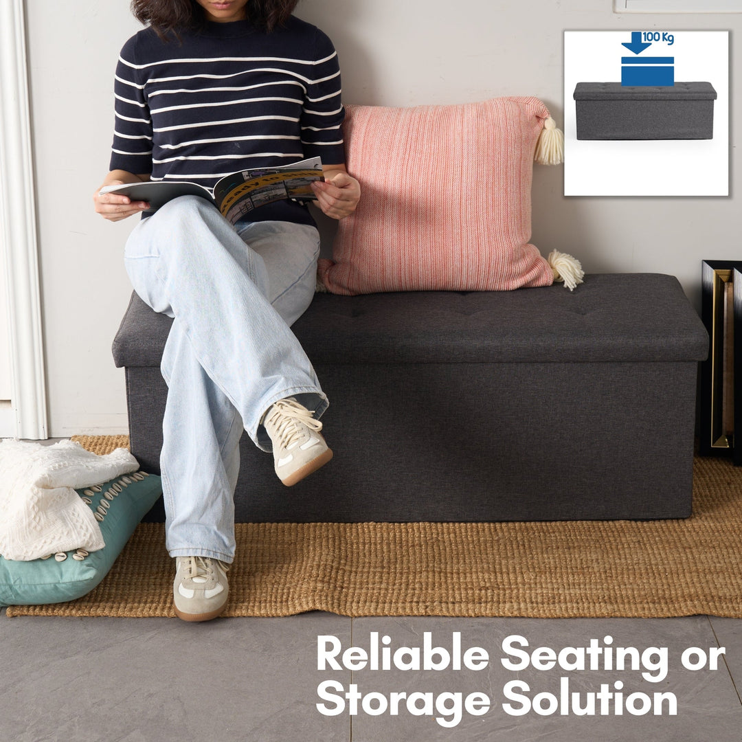 folding bench with storage function-space-saving design-versatile seating for any room at home-grey fabric upholstery