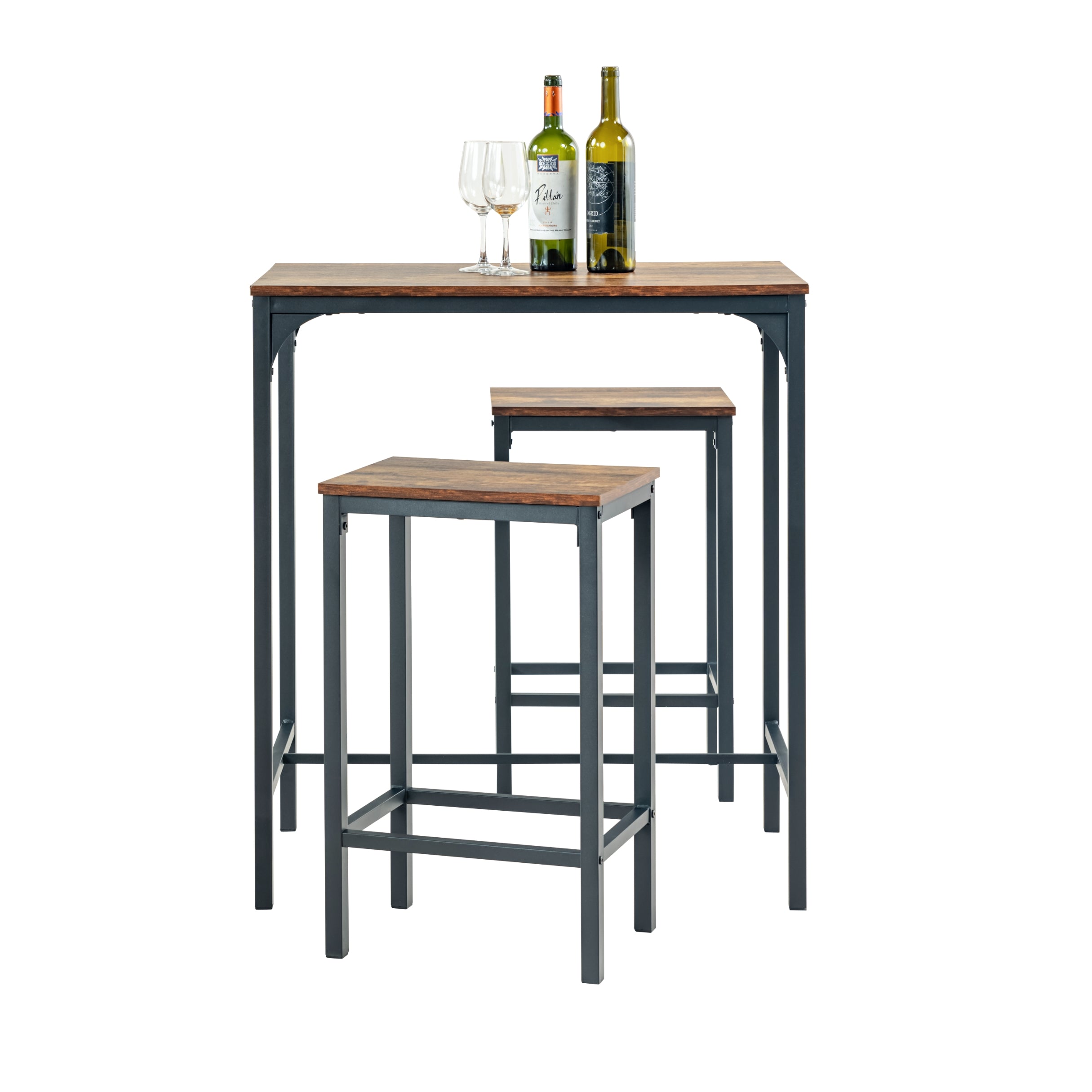 feynman counter height dining table set - 1 table and 2 stools - crimson wood top black metal legs modern style