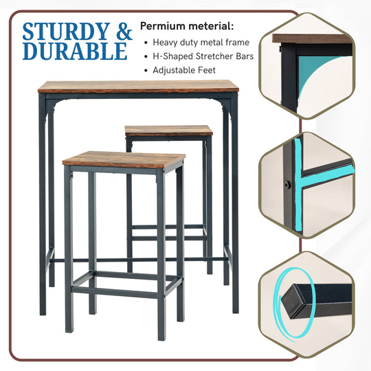 Feynman Rustic Industrial Counter dining Set with Bar Stools, Perfect for Kitchen and Entertaining-HOMY CASA