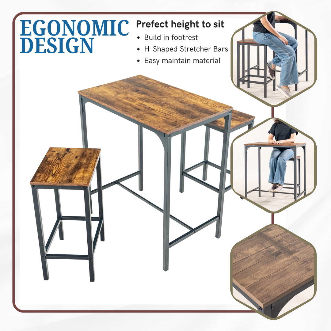 Feynman Rustic Industrial Counter dining Set with Bar Stools, Perfect for Kitchen and Entertaining-HOMY CASA