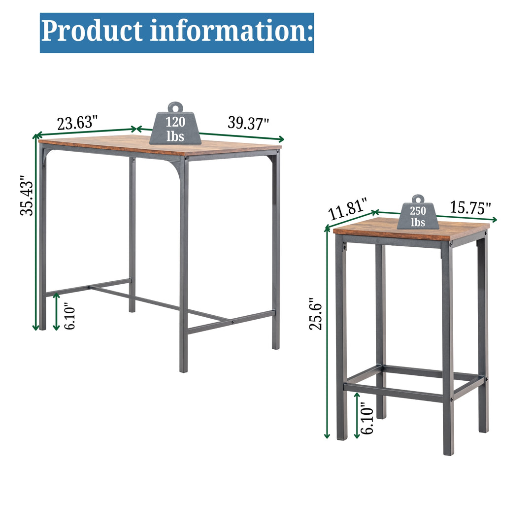 Feynman Rustic Industrial Counter dining Set with Bar Stools, Perfect for Kitchen and Entertaining-HOMY CASA