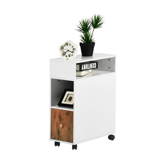 narrow end table with one drawer, two-tone white and walnut design, perfect for living room or study room as a cabinet