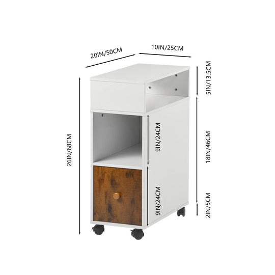 narrow end table with one drawer, two-tone white and walnut design, perfect for living room or study room as a cabinet