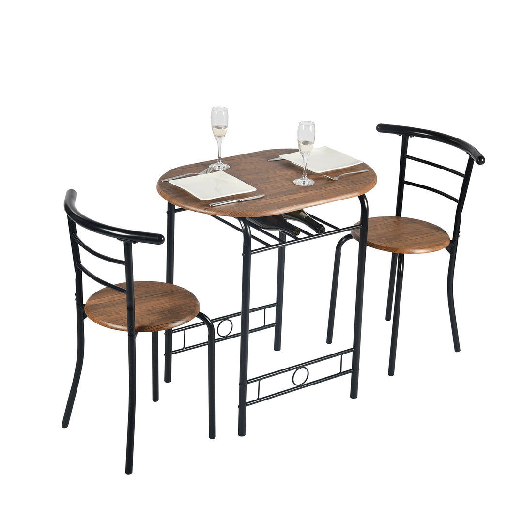 walnut breakfast set with 1 table and 2 chairs-open storage space for wine or accessories-wooden top and seat