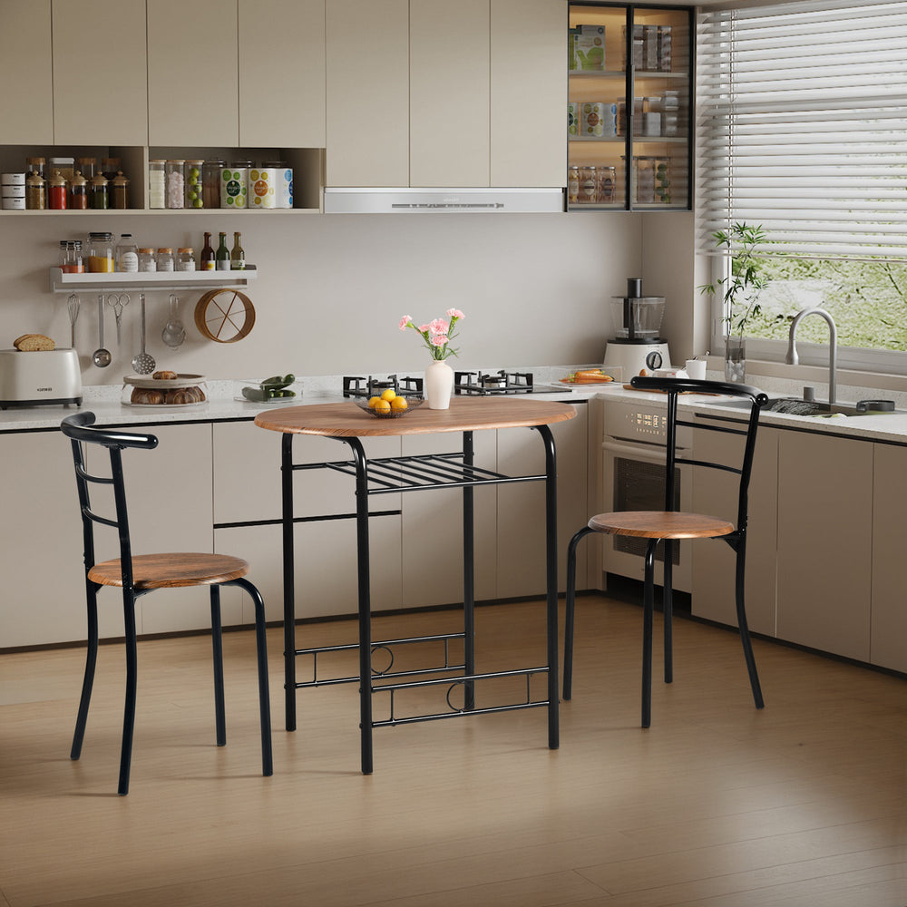 walnut breakfast set with 1 table and 2 chairs-open storage space for wine or accessories-wooden top and seat