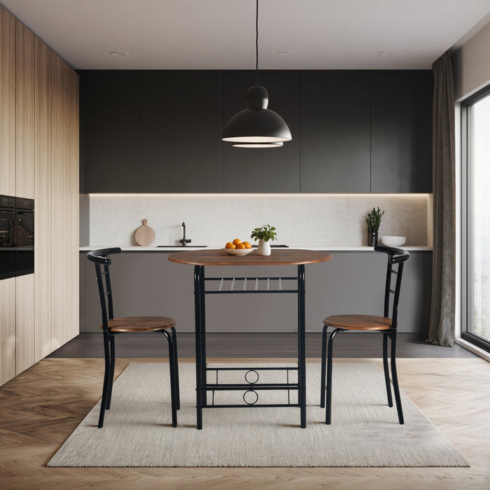 walnut breakfast set with 1 table and 2 chairs-open storage space for wine or accessories-wooden top and seat