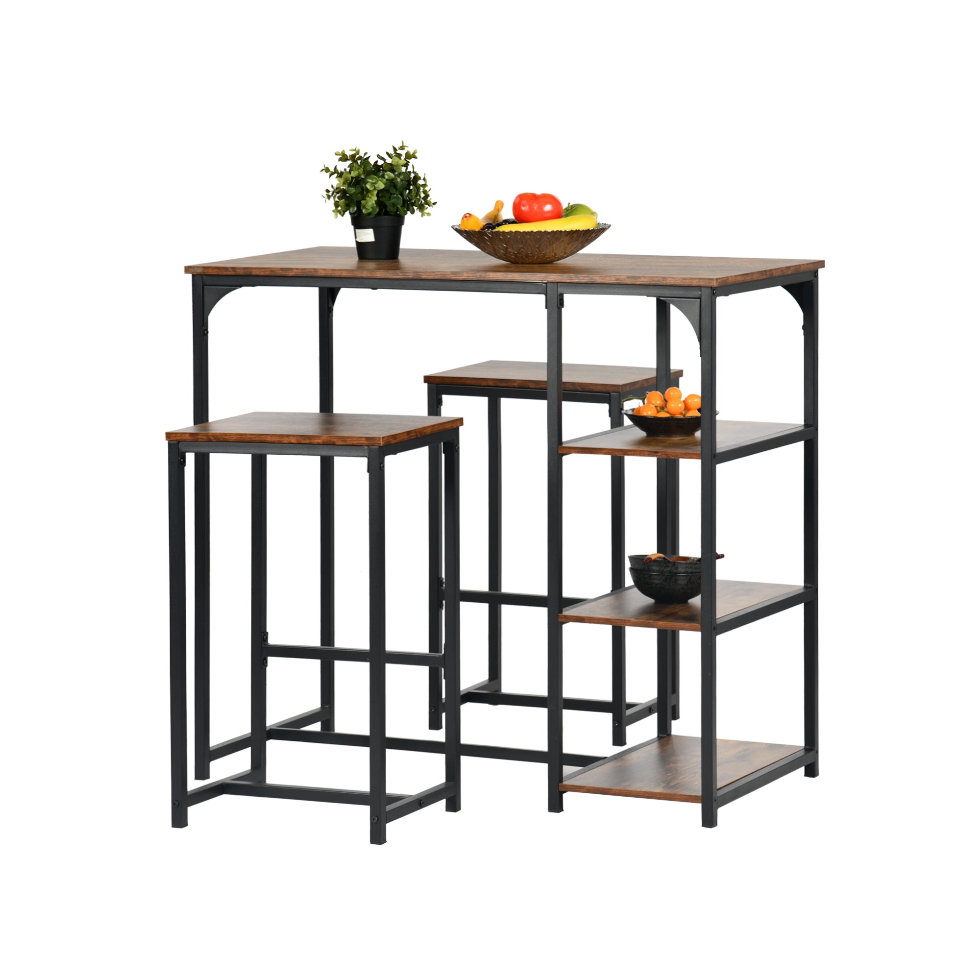 counter dining table set with crimson MDF top-open storage shelf, sturdy metal frame-2 barstools for kitchen or dining room