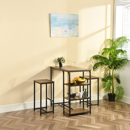 counter dining table set with crimson MDF top-open storage shelf, sturdy metal frame-2 barstools for kitchen or dining room