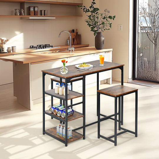 counter dining table set with crimson MDF top-open storage shelf, sturdy metal frame-2 barstools for kitchen or dining room