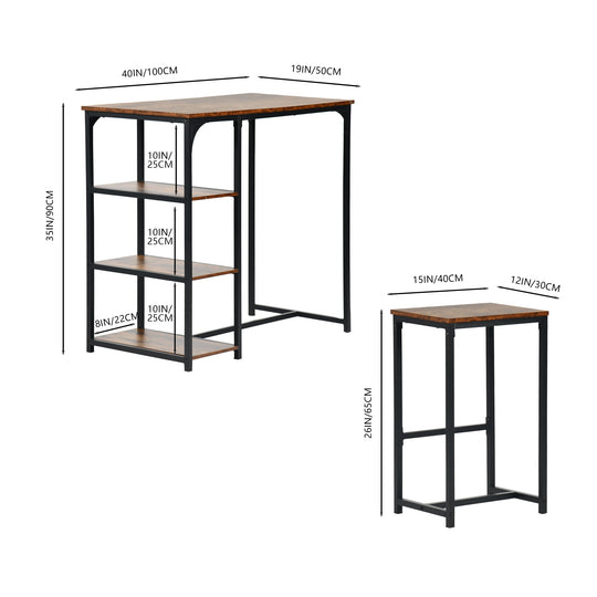counter dining table set with crimson MDF top-open storage shelf, sturdy metal frame-2 barstools for kitchen or dining room