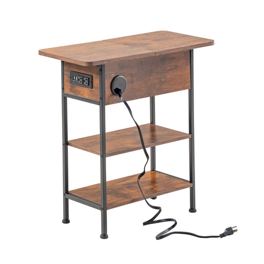 narrow side table with storage space-open shelf design-usb charging outlet-adjustable footpad-metal frame-modern accent table