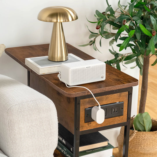 narrow side table with storage space-open shelf design-usb charging outlet-adjustable footpad-metal frame-modern accent table