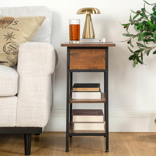narrow side table with storage space-open shelf design-usb charging outlet-adjustable footpad-metal frame-modern accent table