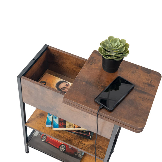 narrow side table with storage space-open shelf design-usb charging outlet-adjustable footpad-metal frame-modern accent table