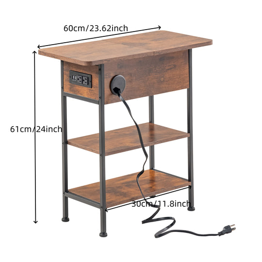 narrow side table with storage space-open shelf design-usb charging outlet-adjustable footpad-metal frame-modern accent table