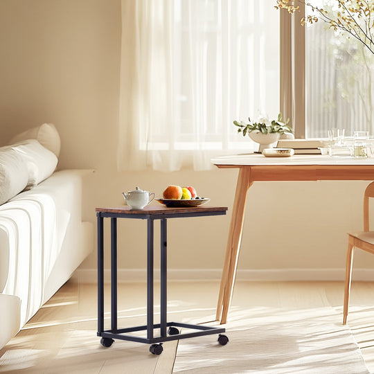 c-shaped end table, mobile side table with wheels for bedroom or living space