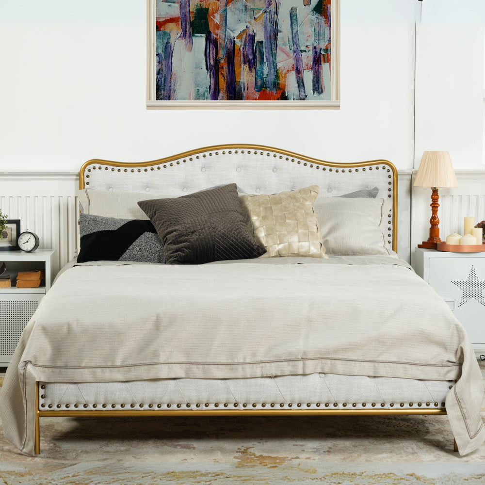 Merle Modern Queen Size Bed in Beige with Stylish Headboard