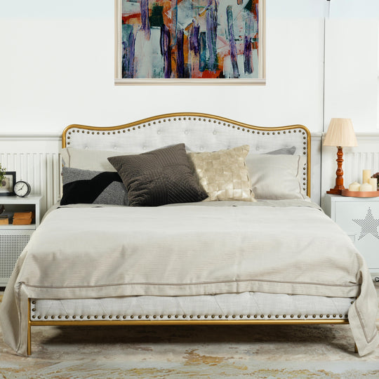 Merle Modern Queen Size Bed in Beige with Stylish Headboard