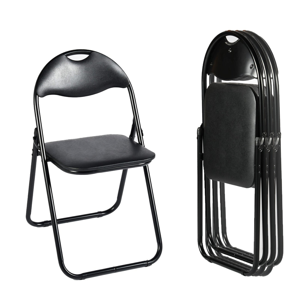 peacock folding chair - black faux leather upholstery - black metal legs modern style