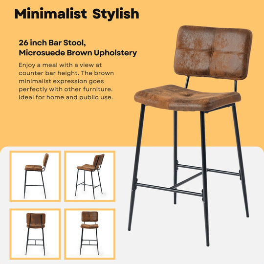Pomona Stylish Durable 26-Inch Bar Stool With Microsuede Brown Upholstery-HOMY CASA