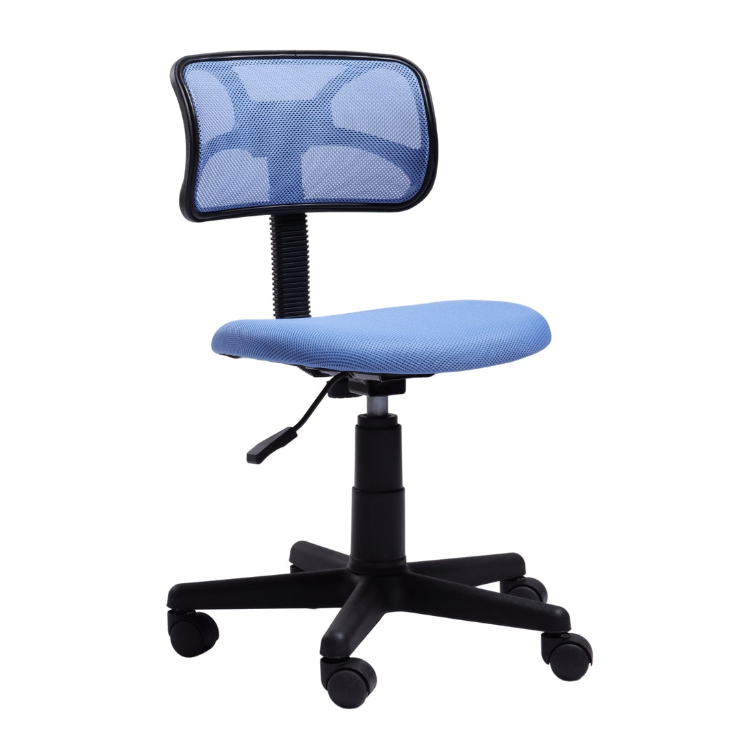 Blue small mesh office chair with ergonomic design and breathable backrest for office use.