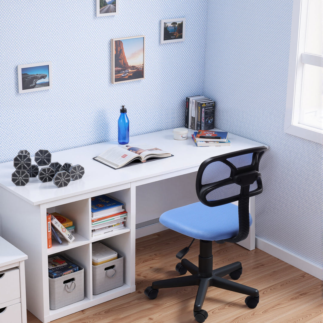 Blue small mesh office chair with ergonomic design and breathable backrest for office use.