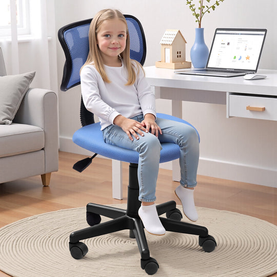 Blue small mesh office chair with ergonomic design and breathable backrest for office use.