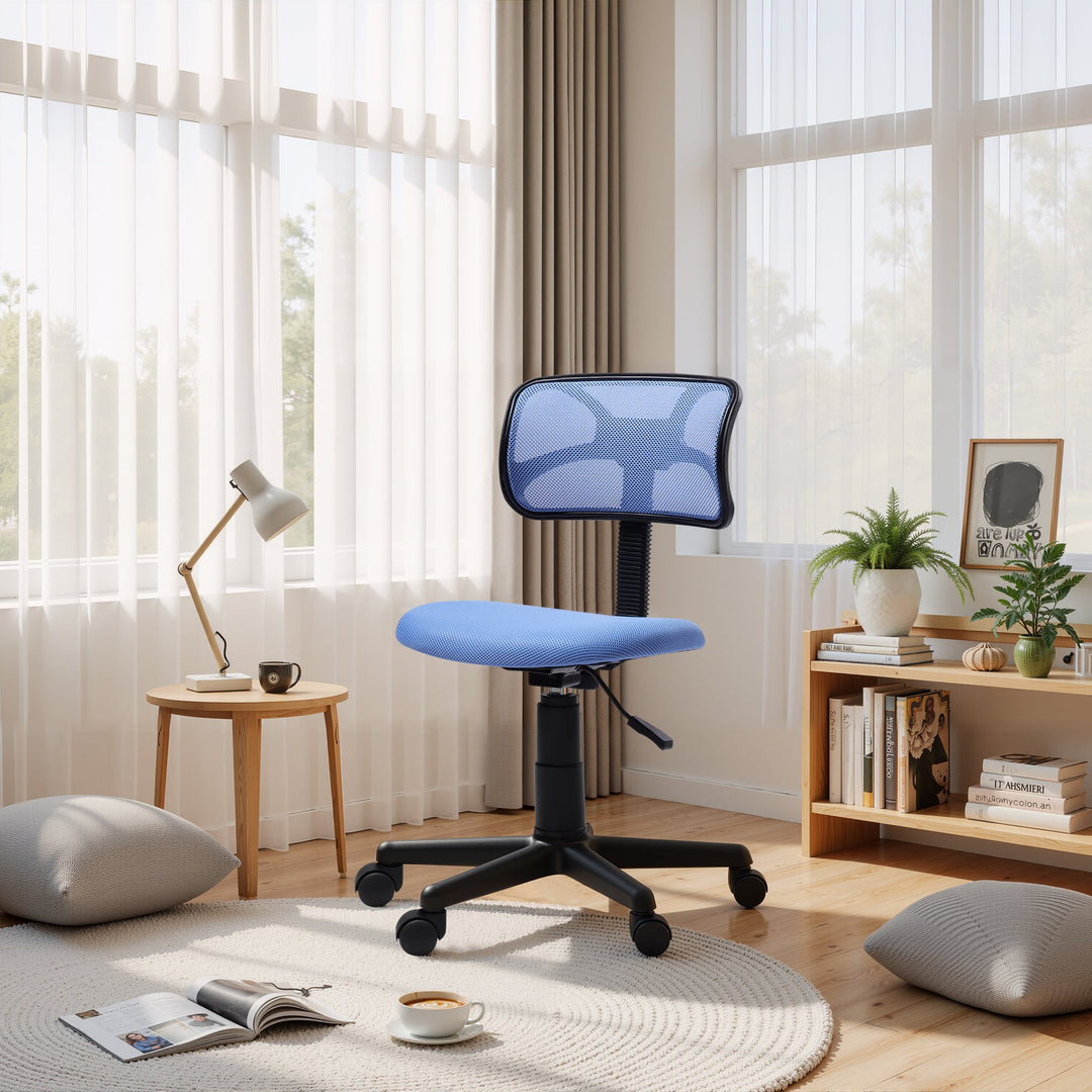 Blue small mesh office chair with ergonomic design and breathable backrest for office use.
