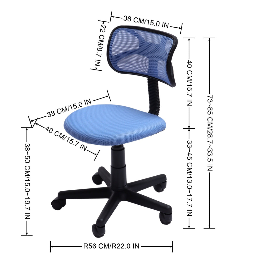Blue small mesh office chair with ergonomic design and breathable backrest for office use.
