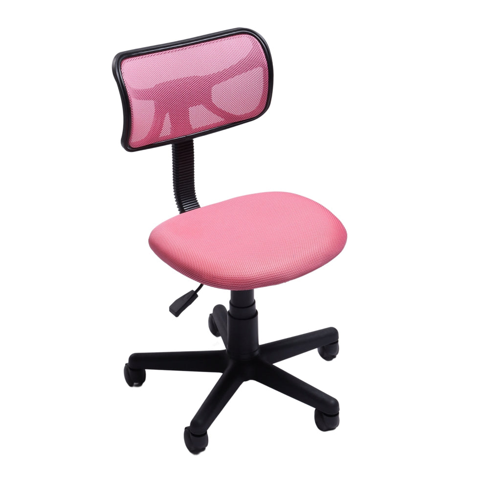 Pink small mesh office chair with breathable backrest and ergonomic design for office work.